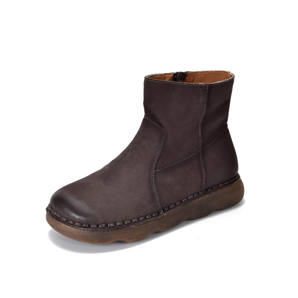 Johnature Versatile Women's Short Boots Round Toe Side Zipper Retro Genuine Leather Flat Boots