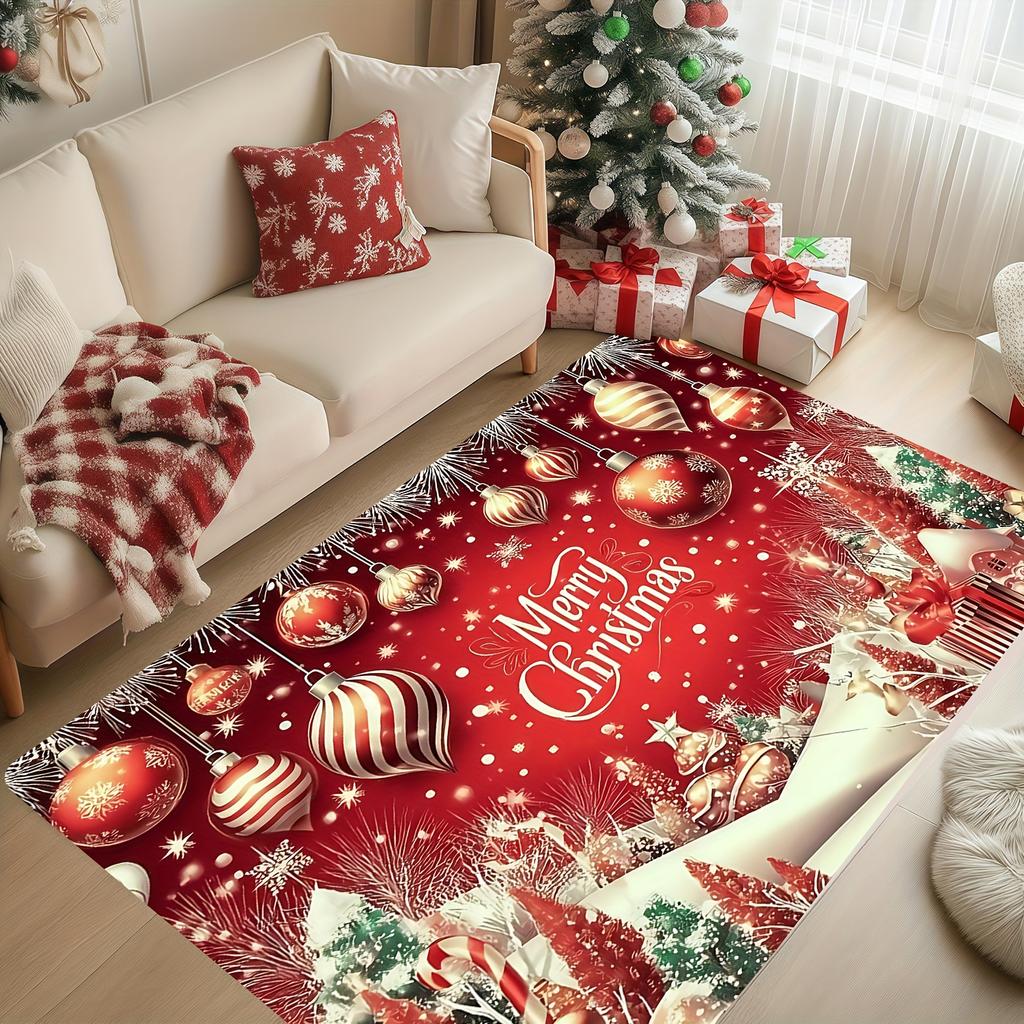 Merry Christmas Area Rug Red Snowflake Christmas Balls Carpet for Living Room Washable Bedroom Floor Mat Xmas Decor
