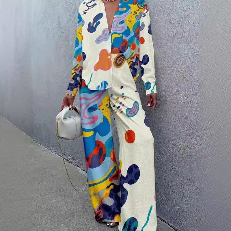 Trend printing long-sleeved shirt set, personalized full printing design, loose and casual wear two-piece set, new European and American models