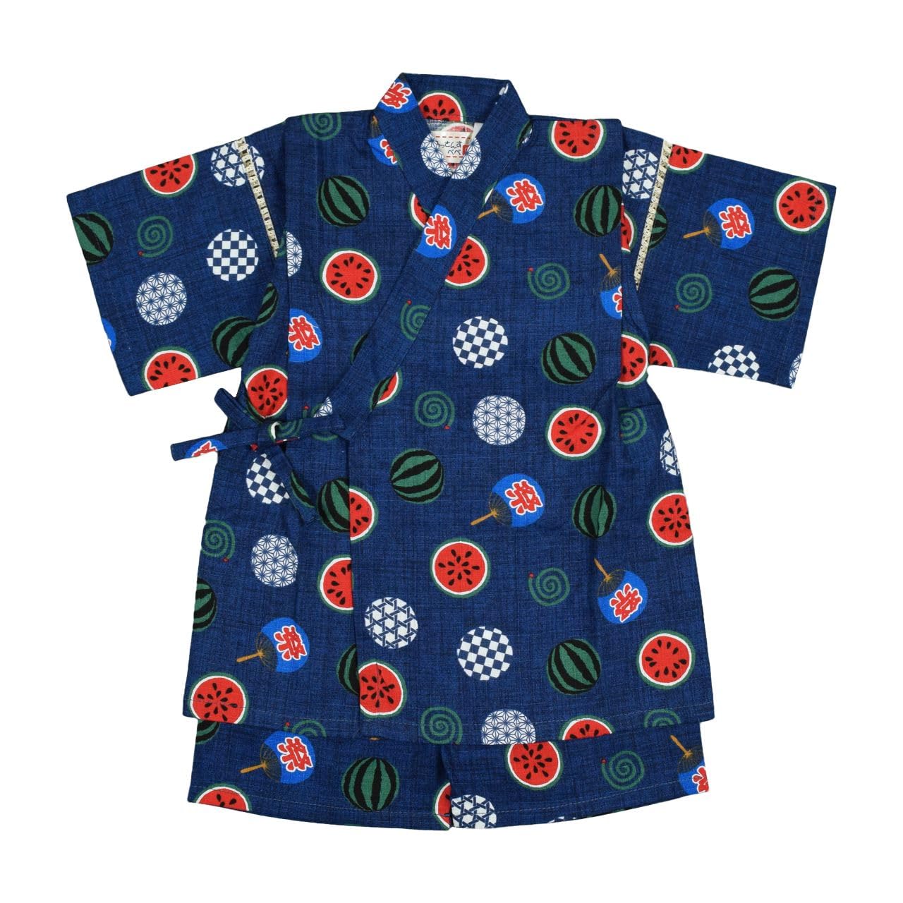 

Jinbei top and bottoms for babies and made of cotton in Japan with a watermelon and fan size navy children, 100% print, 90,