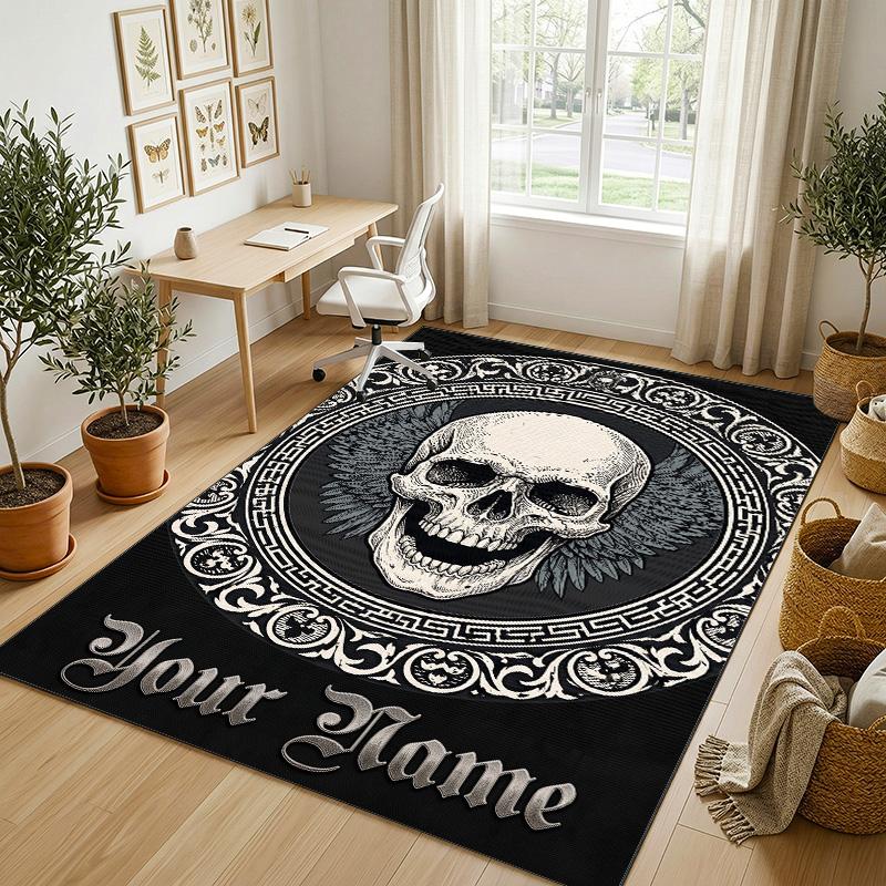 Skull Floral Theme Soft Crystal Velvet Rug Custom Name & Text Print Non Slip Floor Rug for Bedroom Living Room