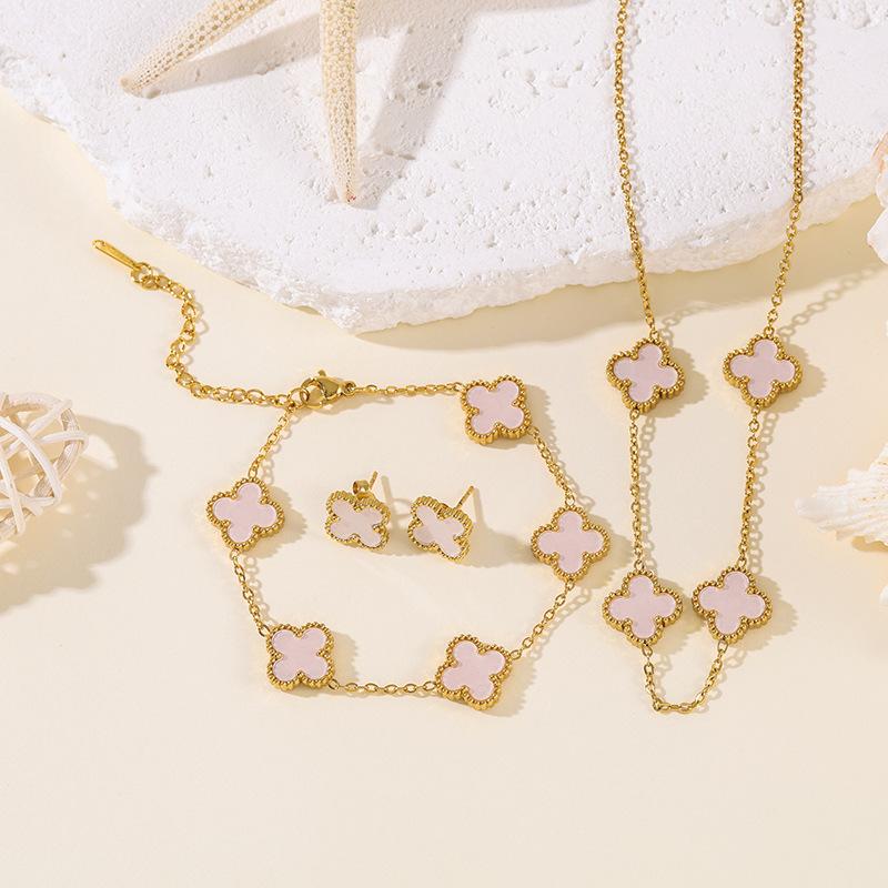 Set da 3 pezzi in acciaio al titanio, resistente allo sbiadimento, a doppia faccia, con quadrifoglio, moda donna, elegante, lusso leggero, collana per clavicola e braccialetto