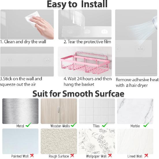 5 Pack Shower Caddy Organizer Rack Shelf for Inside Shower, Adhesive Bathroom Wall Storage Basket Rustproof Stainless Steel Shampoo Holder, Girly