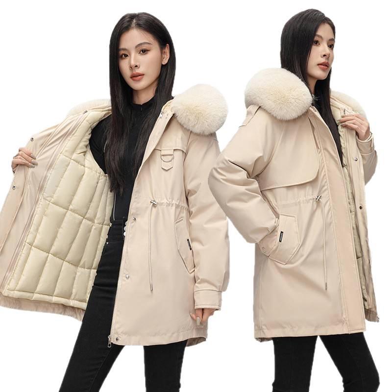 Women's Mid-Length Parka with Large Fur Collar, 2026 Edition - One Coat, Three Styles with Removable Liner and Thickened Cotton
