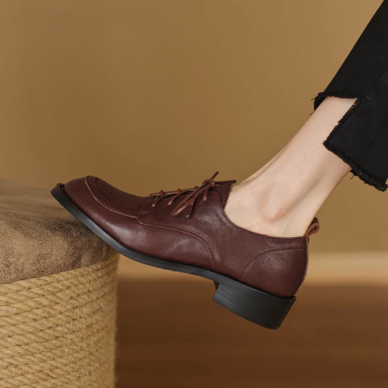 Krazing Pot Cow Skin Autumn Winter Brogues Shoes Lace Up Low Heels Size 42 Round Toe Oxford Shoes Deep Mouth Pumps