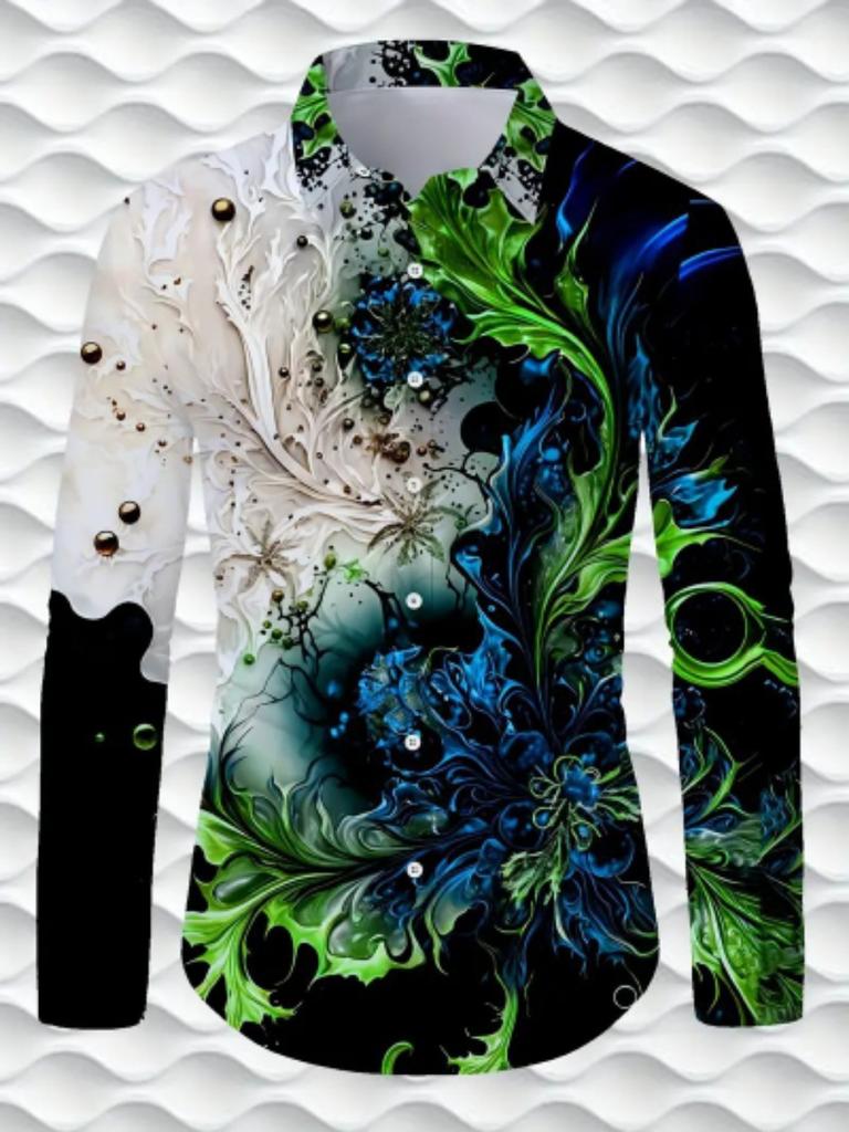 Men's Shirt Fashion Vintage Street Texture Print Shirt Men's Long Sleeve Lapel Shirt