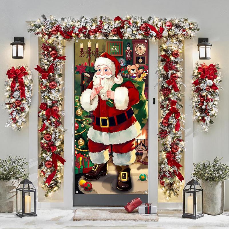 Christmas Door Cover Decorations With Santa Pattern Holiday Door Cover Holiday Background Decorations For Home Children's Room