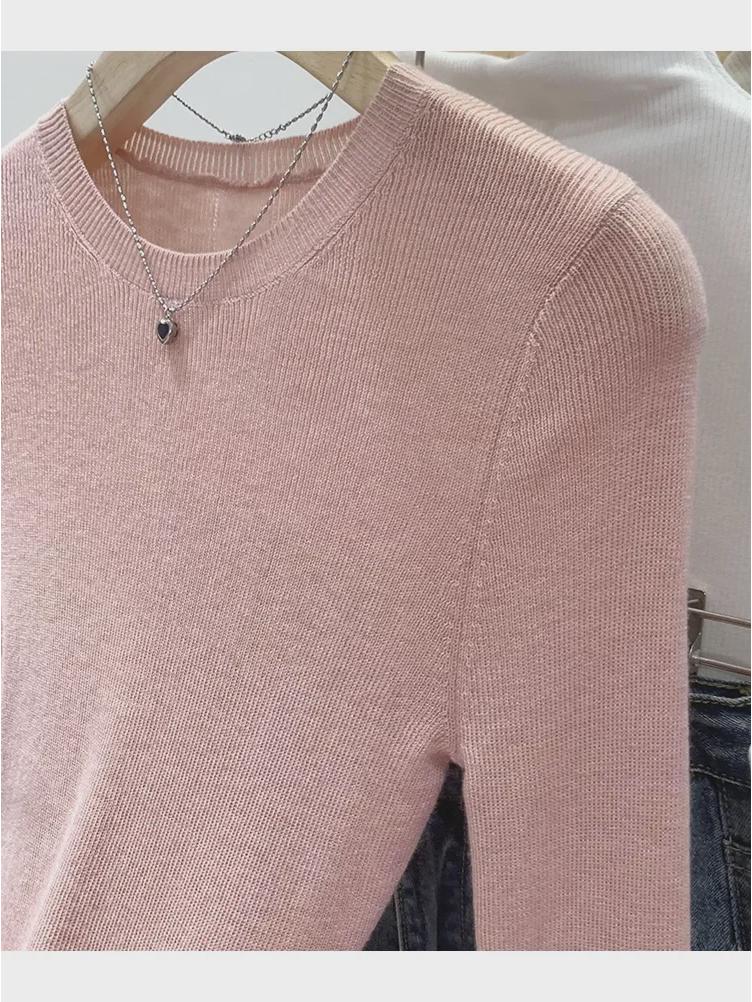 Pulover Tricotat Verde Mentă cu Gât Rotund pentru Femei - Croială Slim, Mânecă Lungă, Top Transparent de Primăvară/Toamnă