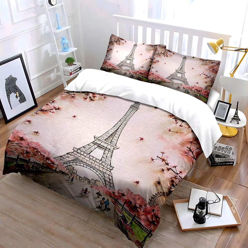 Eiffel Tower Floral Bedding Set Bedding Duvet Cover Set Duvet Cover Pillowcases (1 * Duvet Cover 2 * Pillowcases, without duvet insert)