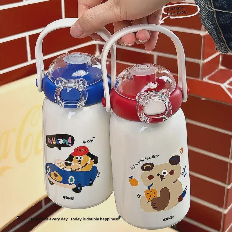 Entzückender tragbarer Thermosbecher für Kinder – Edelstahl 316, Design mit doppeltem Strohhalm