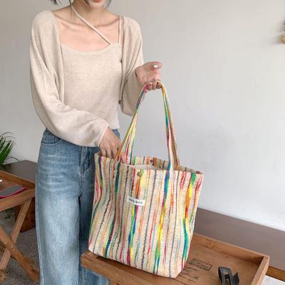 Women Rainbow Stripe Hasp Small Bag Large Capacity Shopping Leisure Tote Bag