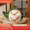 Retro Glazed Ceramic Stew Pot with Double-Ear Handles, Leaf Design, Anti-Scald, Ideal for Soup and Braised Rice.