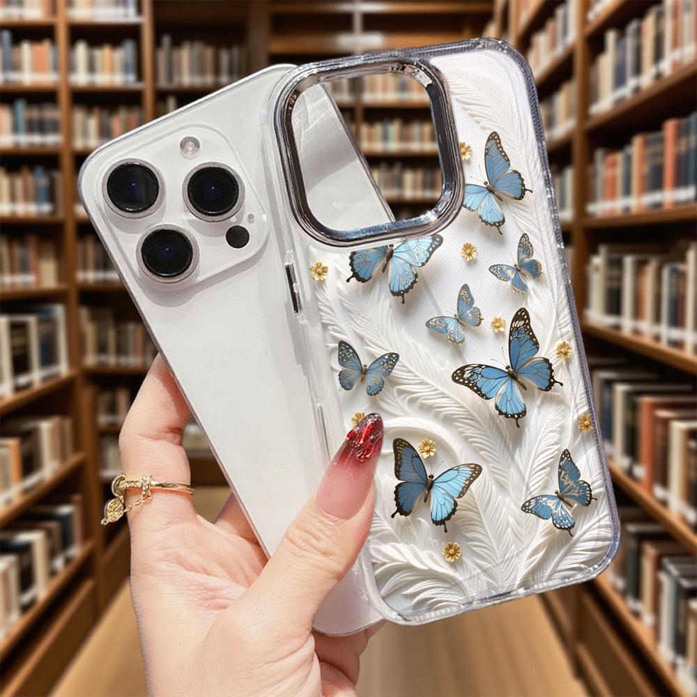 Blue Butterflies White Feathers Transparent Phone Case for IPhone 14 15 16 13 12 11 Pro Max 12 XS Max Anti-Scratch Soft Cover