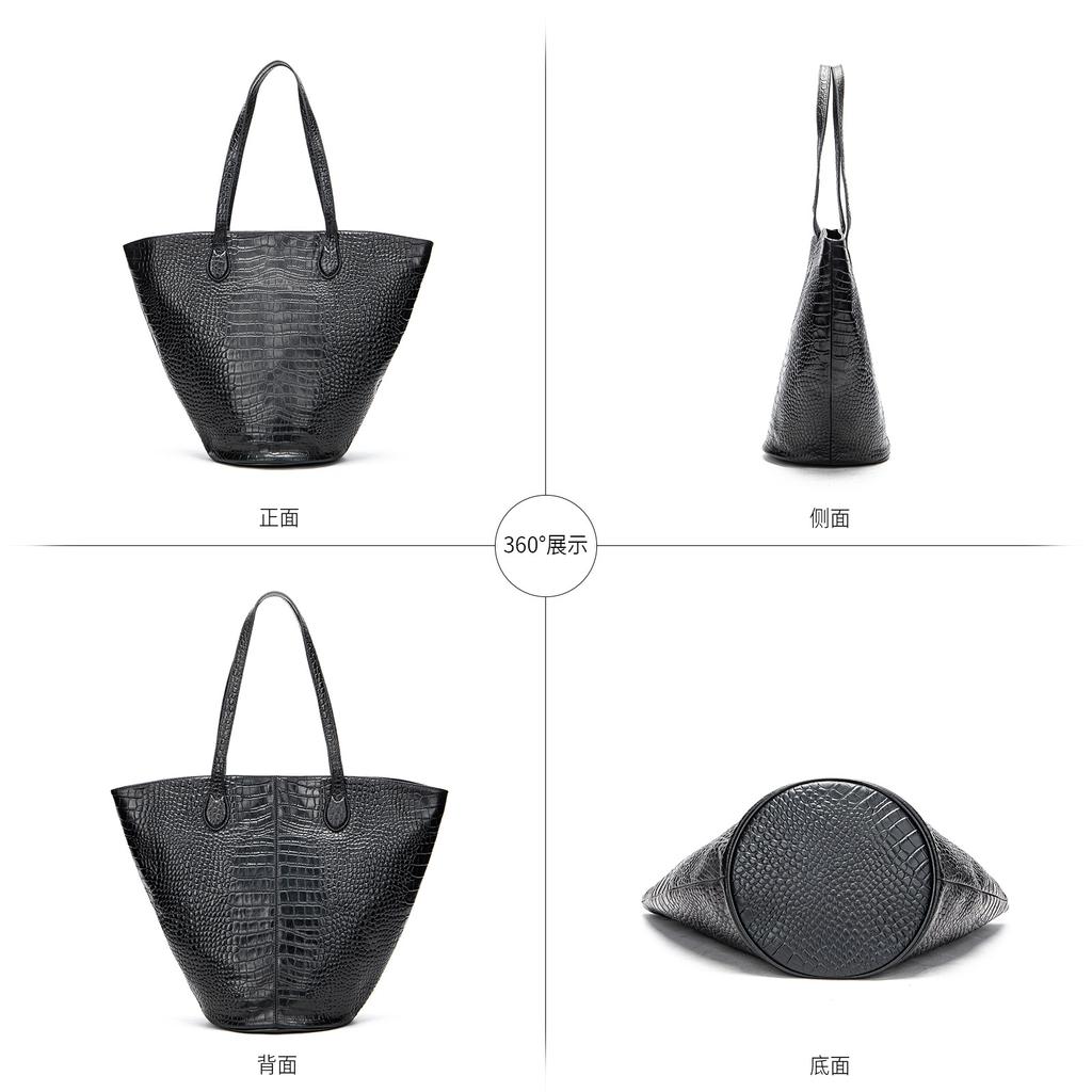Large Capacity Leather Women's Tote Bag Cylinder Bucket Bag Premium Handbag Authentic Alligator Print Black Bags