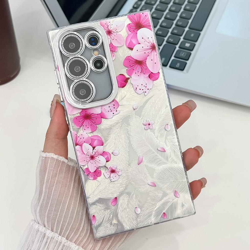 Suitable for Samsung S25 Ultra Mobile Phone Case Electroplated Flower and Grass S24FE with Bracelet Flash Powder Lens Film A56 Protective Case