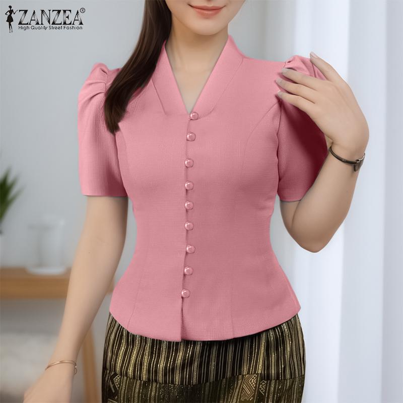 ZANZEA Blusa Casual de Verano para Mujer con Cuello en V, Manga Corta y Corte Slim