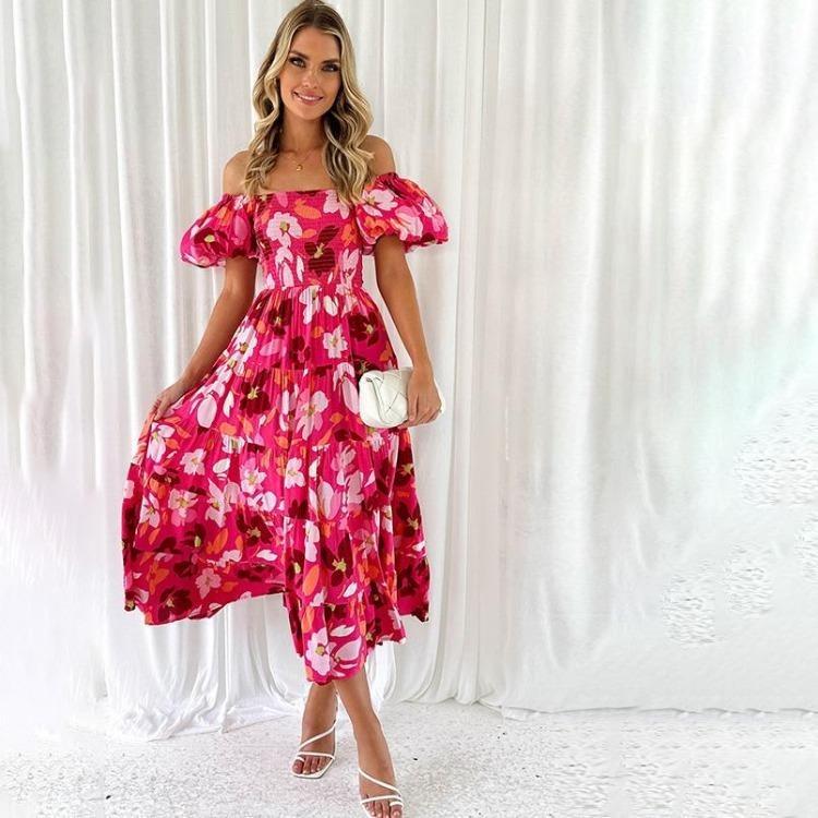 Fashion Summer Dress Women Strapless Print Pleated Short Sleeve Ankle Length