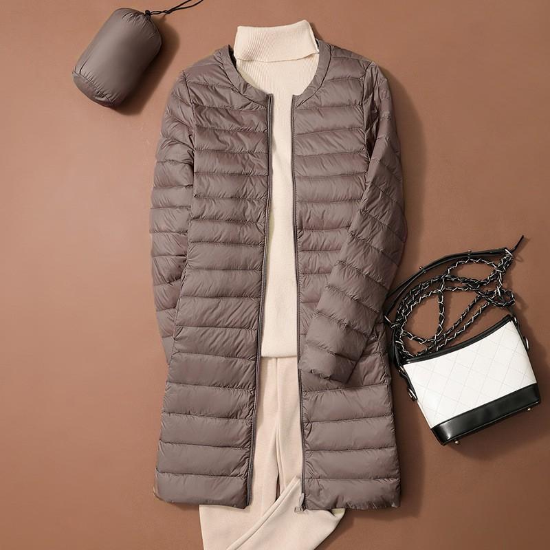 Womens Lightweight Down Coat Mid-Length Round Neck Solid Color Outerwear Winter