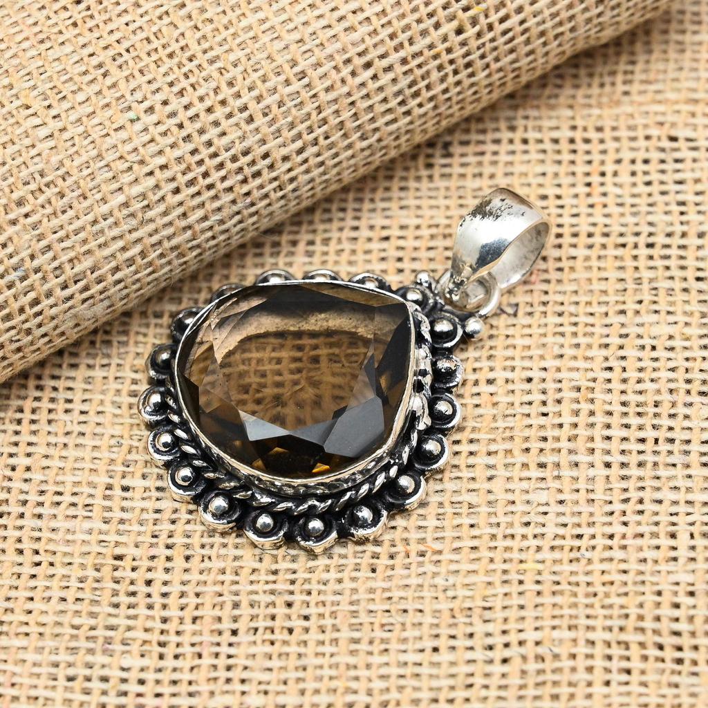 Smoky Topaz Gemstone Handmade 925 Solid Sterling Silver Jewelry Pendant For Wedding Gift