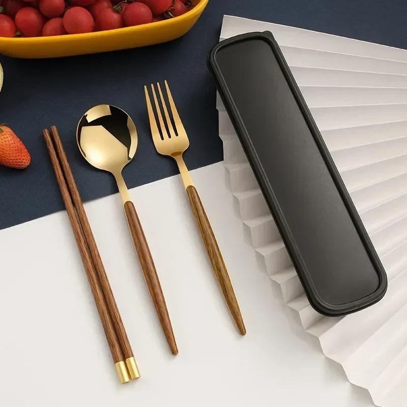 Stainless Steel Cutlery Spoon Chopsticks Wooden Handle Dinnerware Portable Fork Spoon For Fruit Dessert Kitchen Tableware