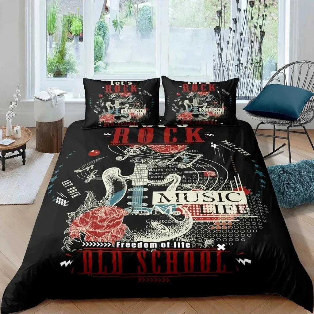 Rock Music King Queen Duvet Cover Electric Guitar Punk Style Bedding Set Youth Fashion Hip Hop 3D Polyester Comforter Cover