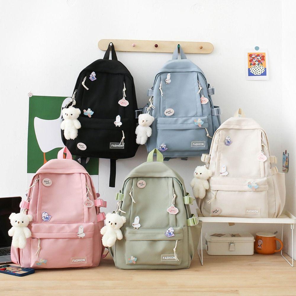 Large Capacity Solid Color Backpack Bear Pendant Shoulder Bag Portable Students School Bag  School