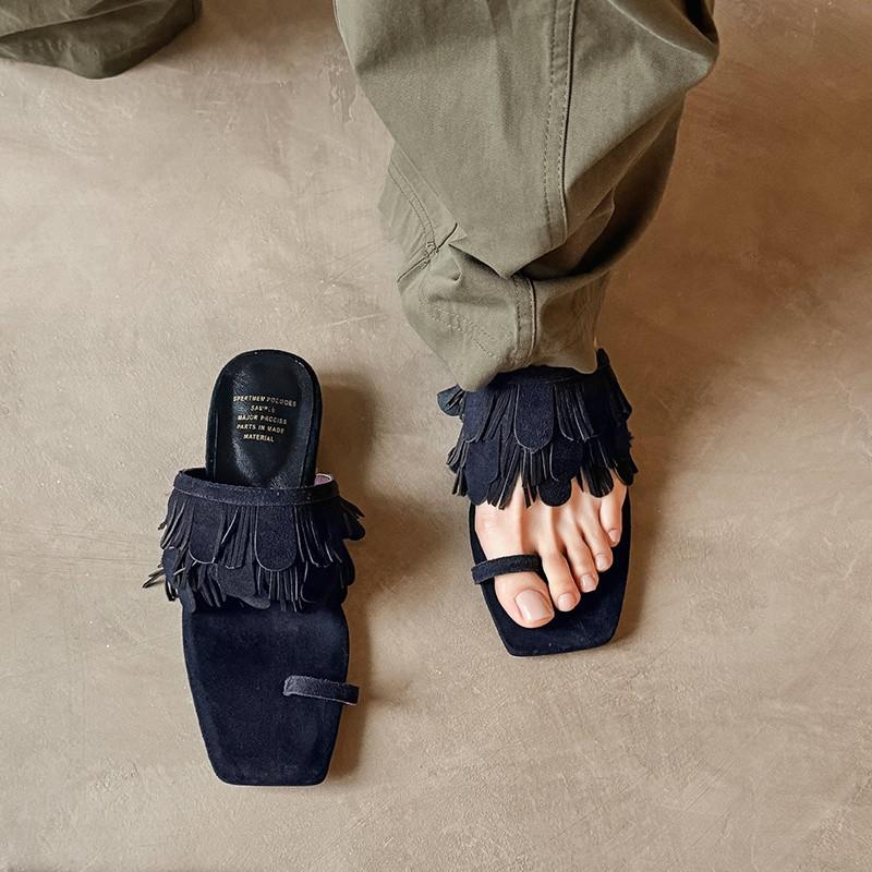 Fashion New Summer Slippers Cow Suede Flip-flops Slippers for Women Fashion Tassels Square Toe Ladies Shoes Low Heels Slippers Sandals