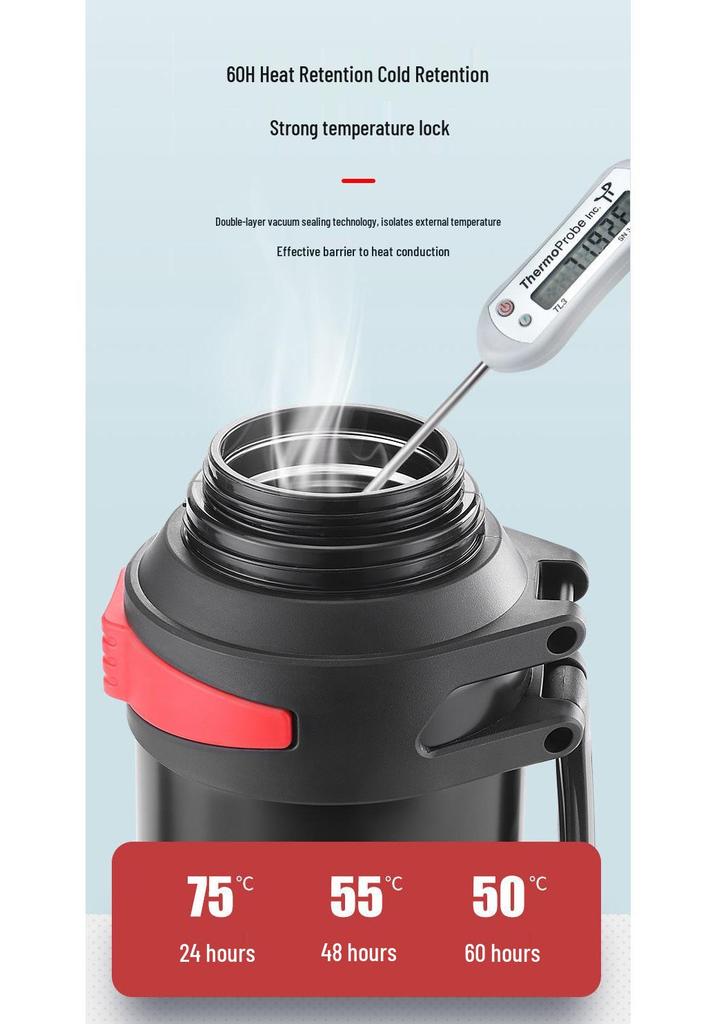 304 Stainless Steel Thermos Flask with Retractable Handle and Bowl - Large Capacity Travel Kettle for Camping