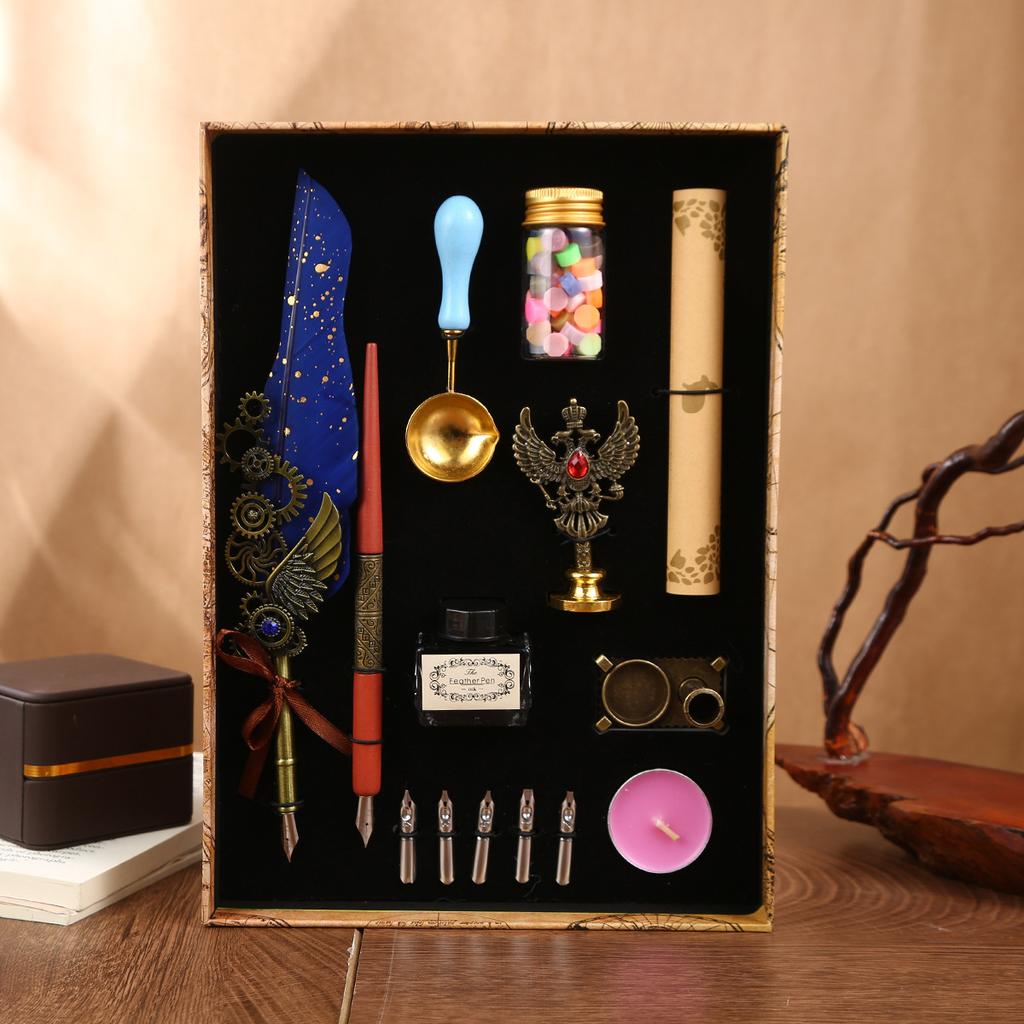Punk Fjærsett Retro Mekanisk Dryssende Gull Fjærpenn Dyppepennsett Gaveeske Lærerdagsgaver