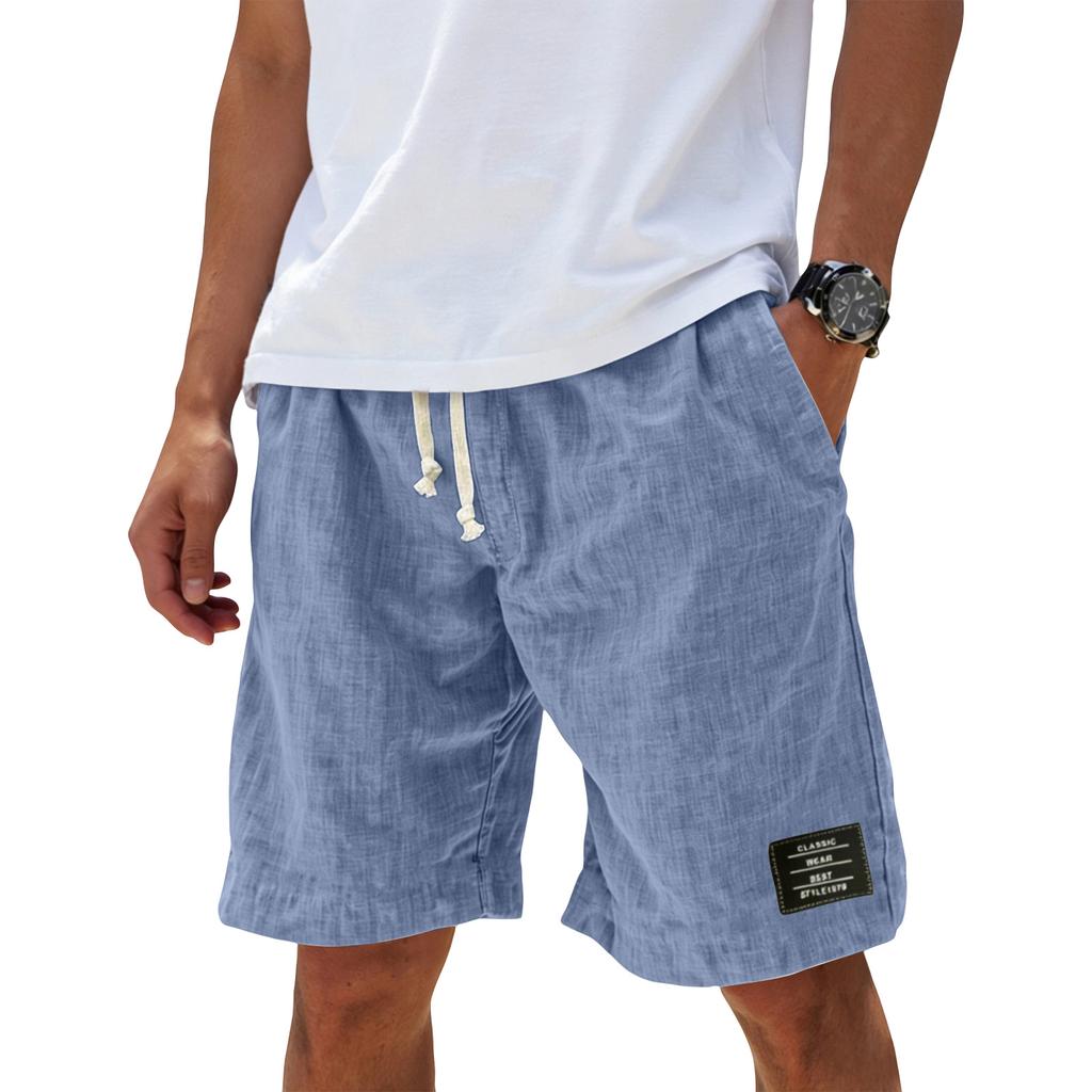Men Drawstring Waist Casual Shorts Relaxed Fit Lightweight Breathable Fabric Summer Style with Patch