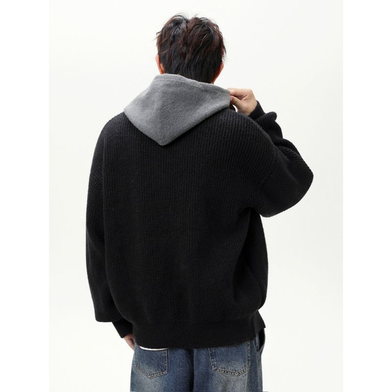 Wassup Fake Two-Piece Cardigan Hooded Sweater Chinese Trendy Brand Autumn and Winter Loose Retro Knit Sweater Zipper Jacket for Men