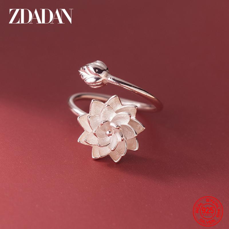 ZDADAN 925 Silver Fashion Lotus Open Ring For Women Fashion Jewelry resizable серебряный