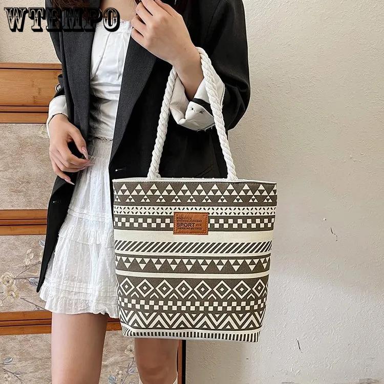 WTEMPO Fashion Printed Large-capacity Hand-held Women's Bags Summer Canvas Striped Versatile Commuting Mom Single-shoulder Shopping Bags