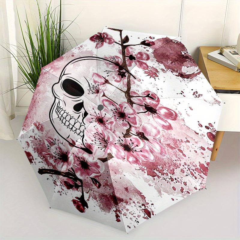 

Skull, Cherry Blossoms Automatic Folding Umbrella 8 Ribs, Durable Iron Frame, Bright Color Pattern Compact Travel Umbrella, Suitable for Ou
