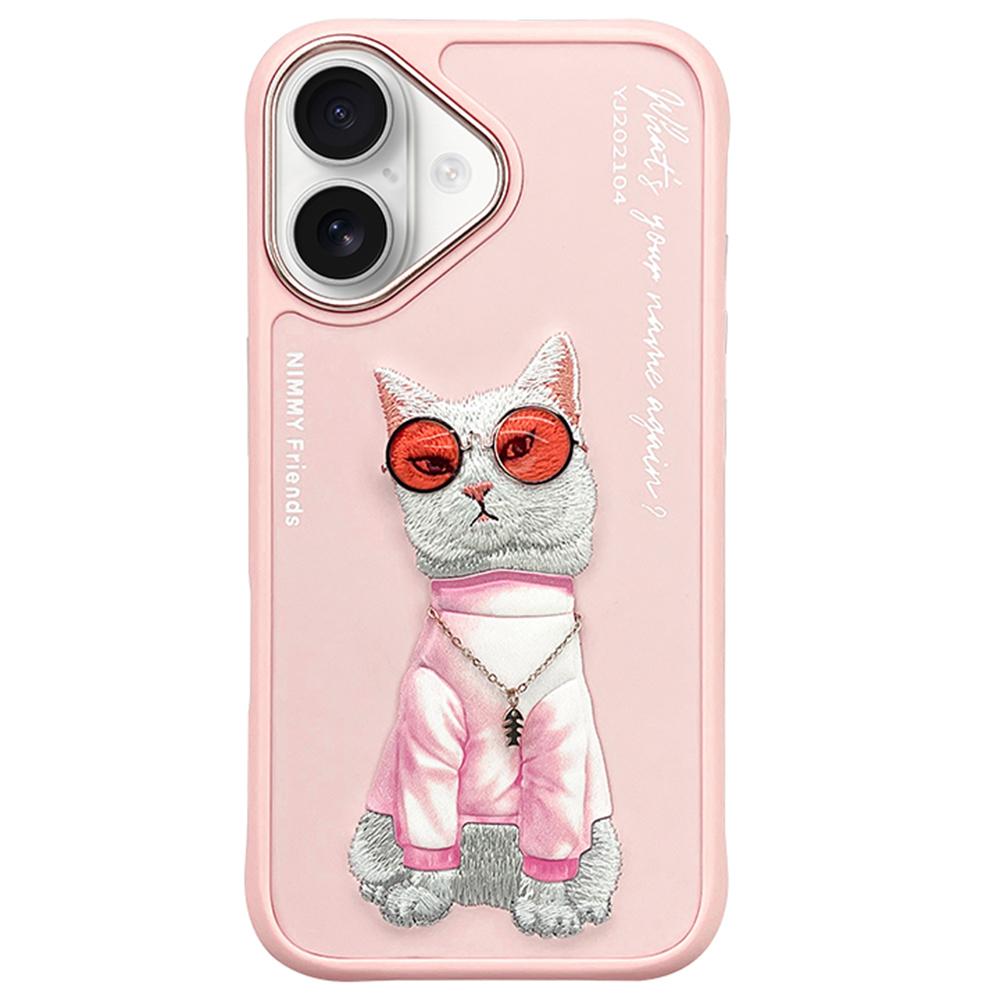 

NIMMY for iPhone 16 Case Embroidery PU Leather+PC+TPU Phone Cover - Pink Cat
