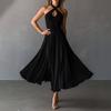 Retro Elegant Black Keyhole Backless Halter Neck A-line Long Dress for Women