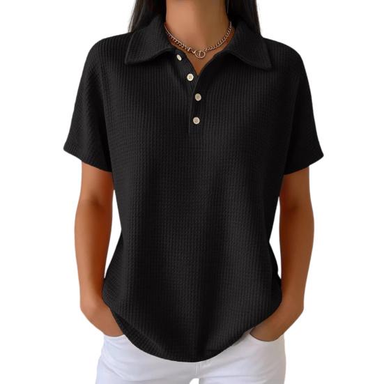 Women Tops Lapel Short Sleeve Buttons Half Placket Shirt Tops Pure Color Waffle Texture L чёрный
