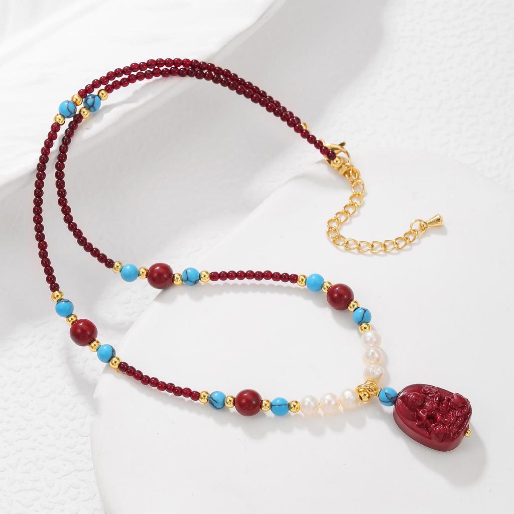 Natural Freshwater Pearl Cinnabar Buddha Beaded Bracelet Necklace - Vintage Chinese Hanfu Accessory