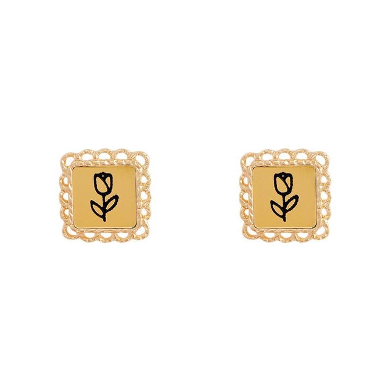 French Retro Rose Stud Earrings Female Hong Kong Style Advanced Sense Metal Square Earrings Simple Personalized Ear Jewelry