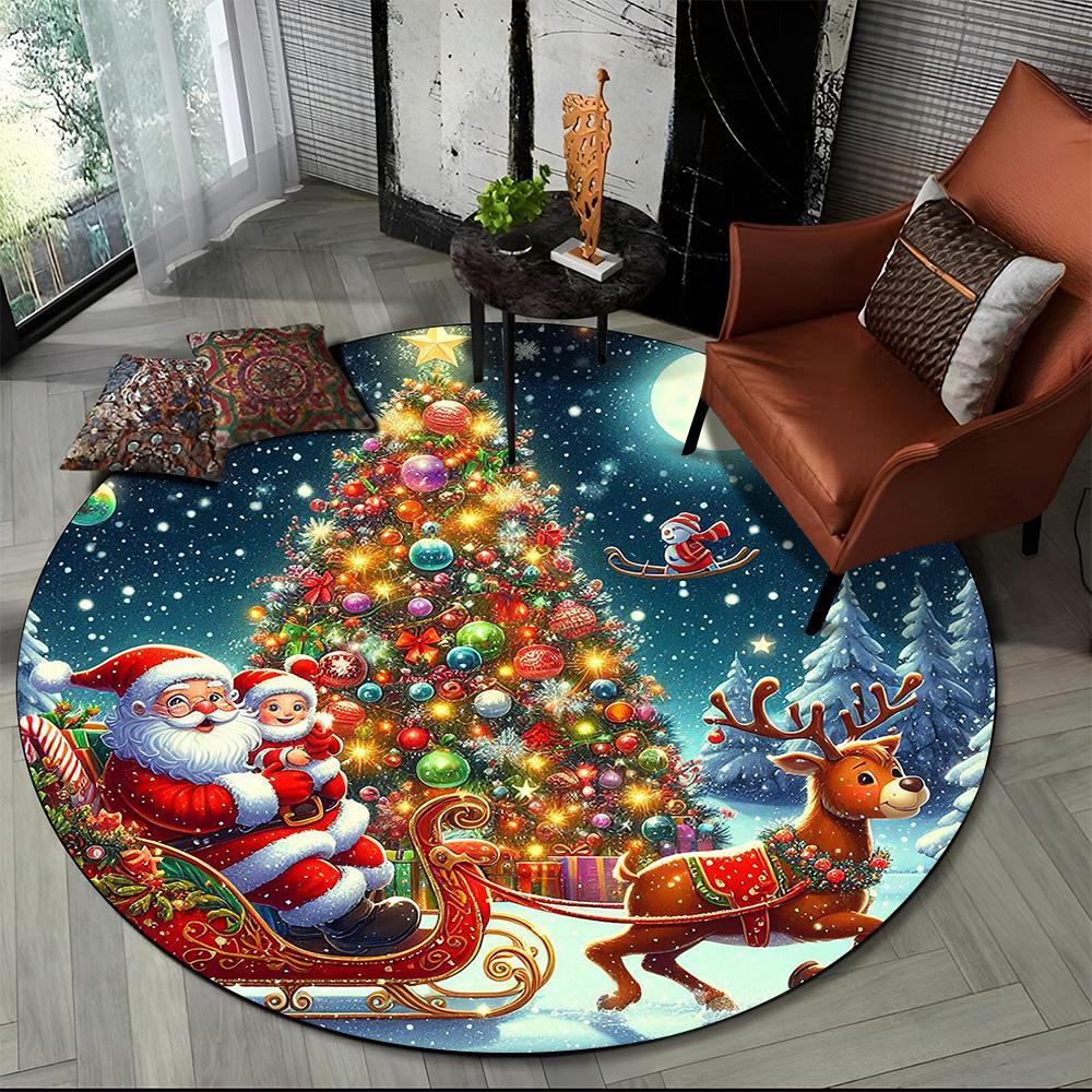 Cartoon Weihnachtsmann Frohe Weihnachten Schneemann Neujahr Runder Teppich für Schlafzimmer Wohnzimmer Sofadekoration, Dekor Bodenteppich