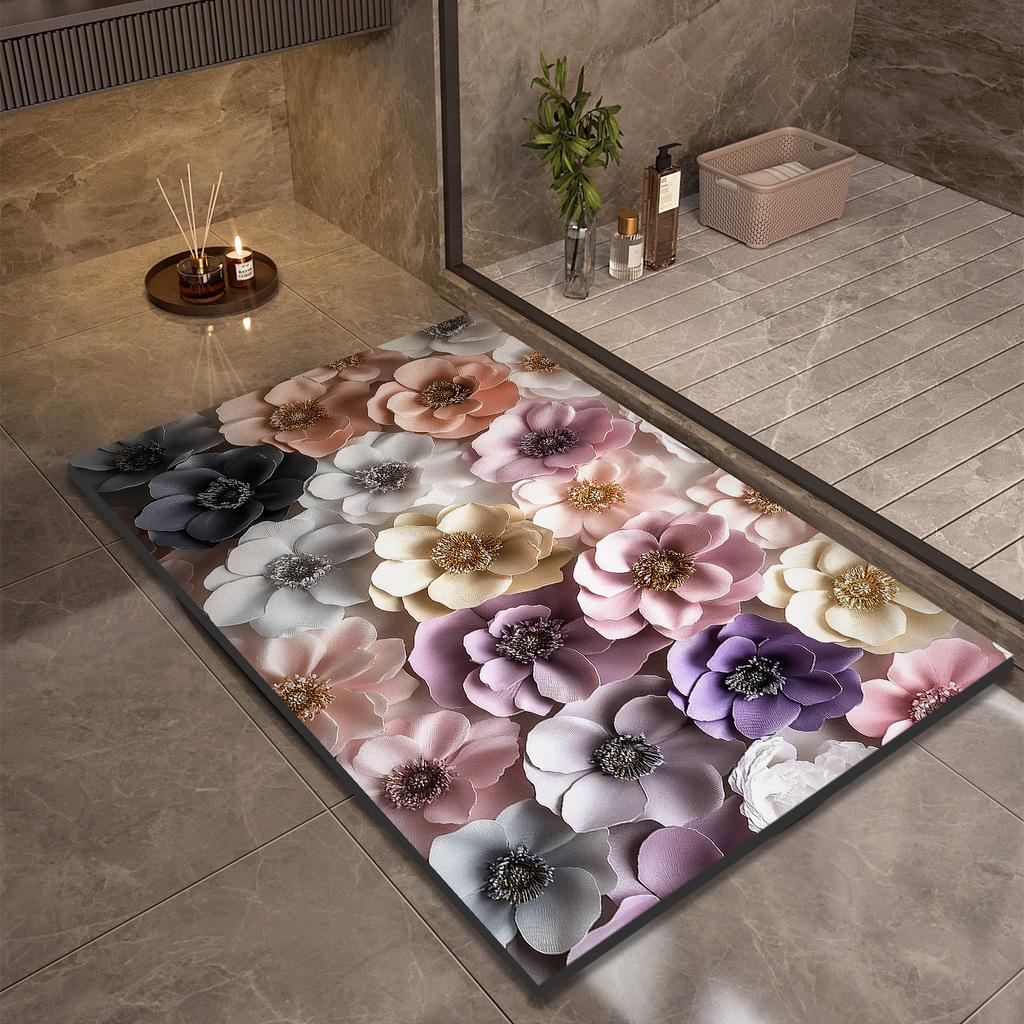Flower Bathroom Bath Mat Non-slip Foot Mats Absorbent Quick Dry Shower Rugs Toilet Carpet Doormat Washable