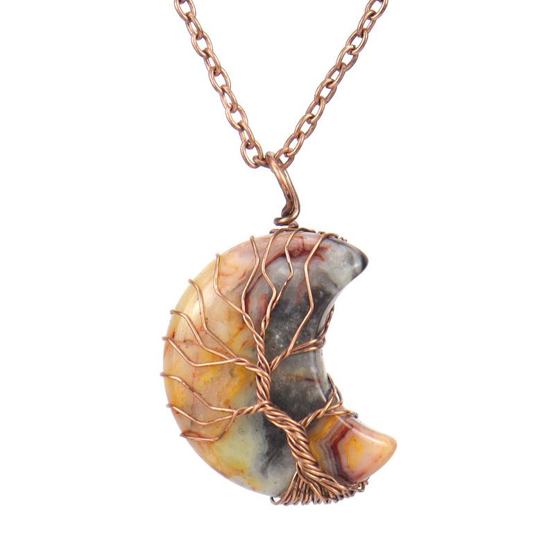 Handmade Winding Exquisite Little Moon Natural Stone Crystal Tree Of Life Pendant Necklace N570