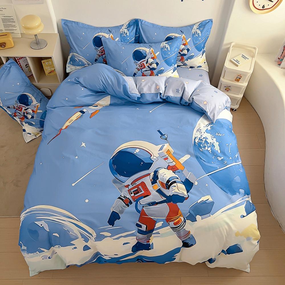 Cute Cartoon Astronaut Motif,Microfibre Bedding Sets, Children's Bed Decor Duvet Cover for Teenagers Adult  with Zip 3-Piece