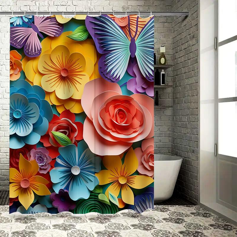 Vibrant 3D Paper Flower and Butterfly Design Waterproof Shower Curtain for Modern Bathroom Decor, Stylish and Durable