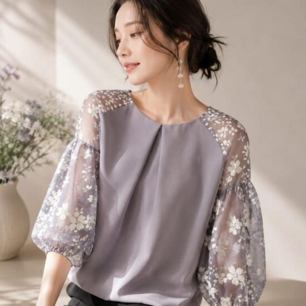 Rellawear Bloom Flower Sheer Volume Sleeve Blouse