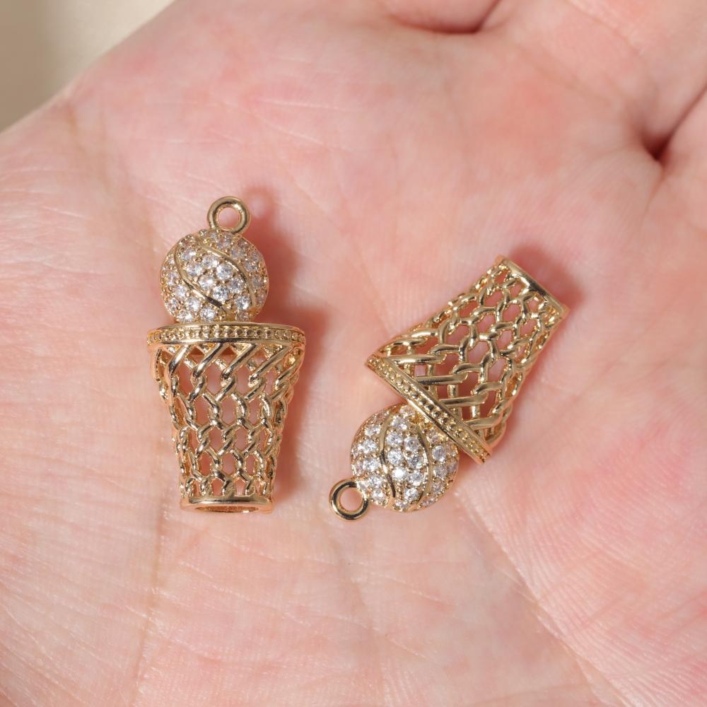Zirconia Basketball Copper Charms, Golden Plated DIY Jewelry Pendants for Earring Necklace Craft