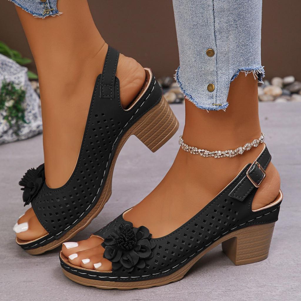 Sandálias de Flor de Verão Femininas Boca de Peixe Salto Alto Grosso Moda Casual Costura de Flores Sandália Confortável para Mulheres