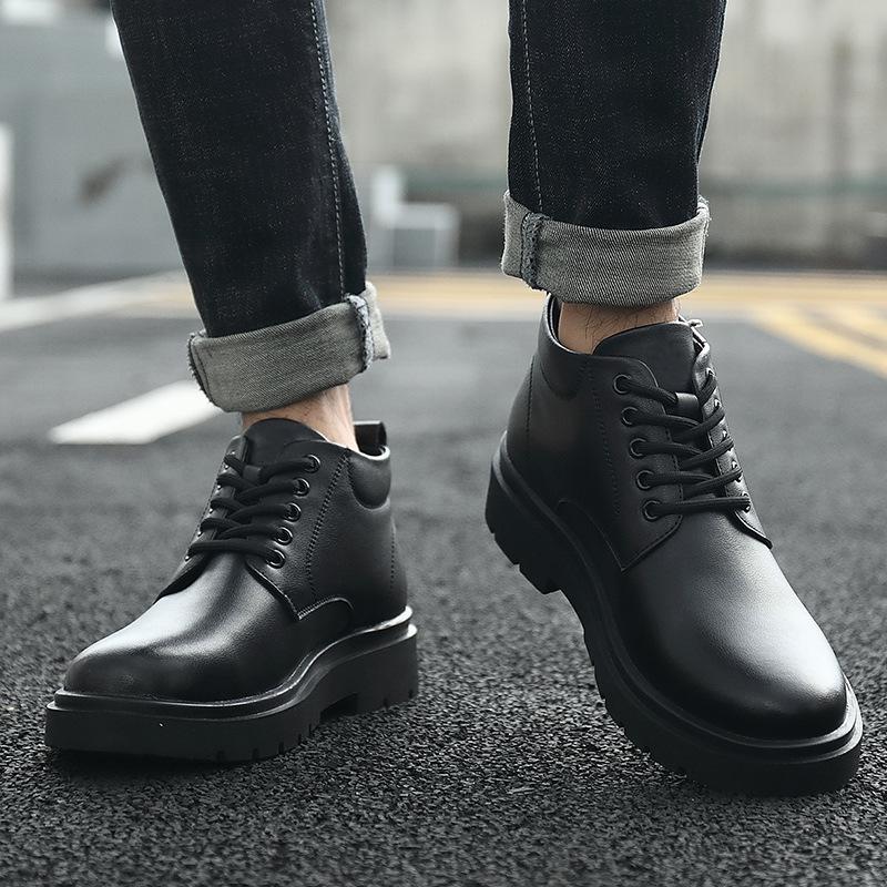 Martin Boots Men's British Style Mid-help Casual Leather Shoes Black Lace-up Tooling Shoes Autumn and Winter New Men's Velvet Shoes