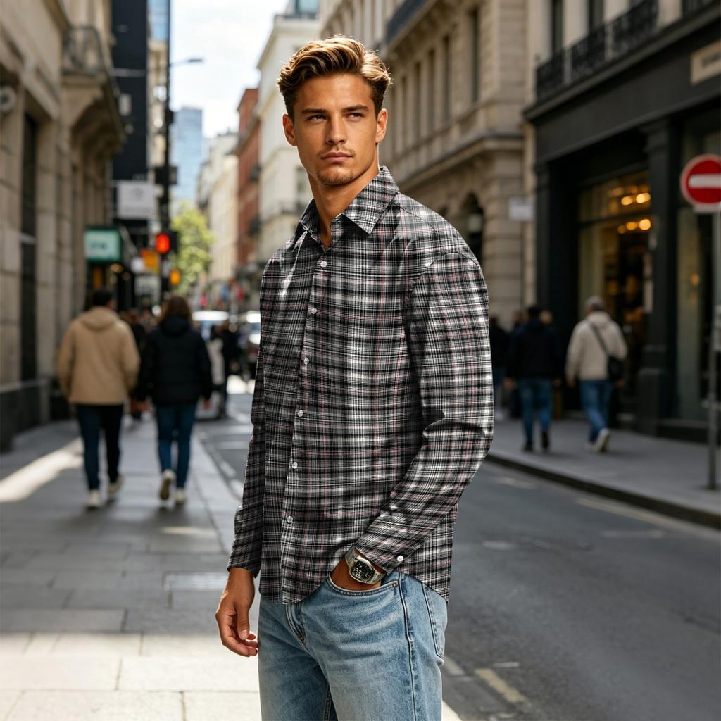Men's Long Sleeve Plaid Button Down Shirt with Collar for Casual Everyday Wear