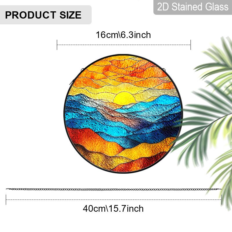 

2D Flat Stained Glass Sunset Window Decoration, 7.87inches Sunset Glow Colored Glass Plate with Chain, Charming Sun Catcher Home Decor, Unique 6.3inch